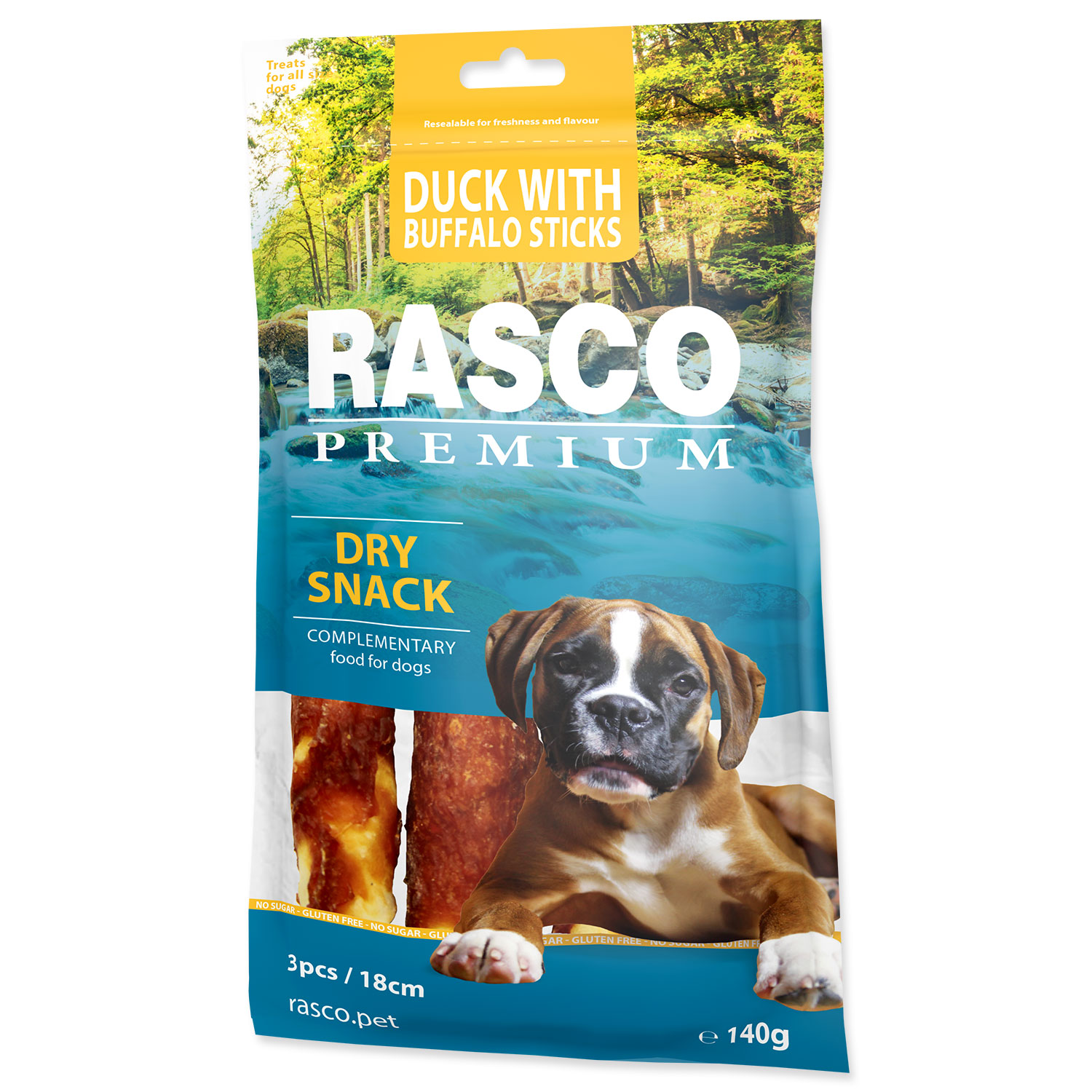 Pochoutka RASCO Premium bůvolí tyčinky obalené kachním masem 18 cm - 3 ks, 140 g
