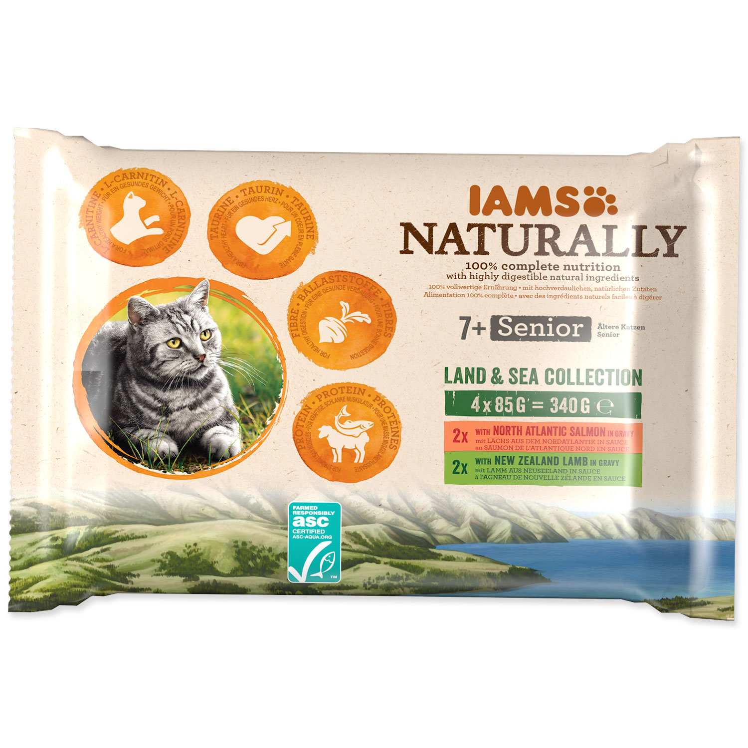 Kapsičky IAMS Cat Naturally Senior výběr z mořských a suchozemských mas v omáčce multipack, 340 g