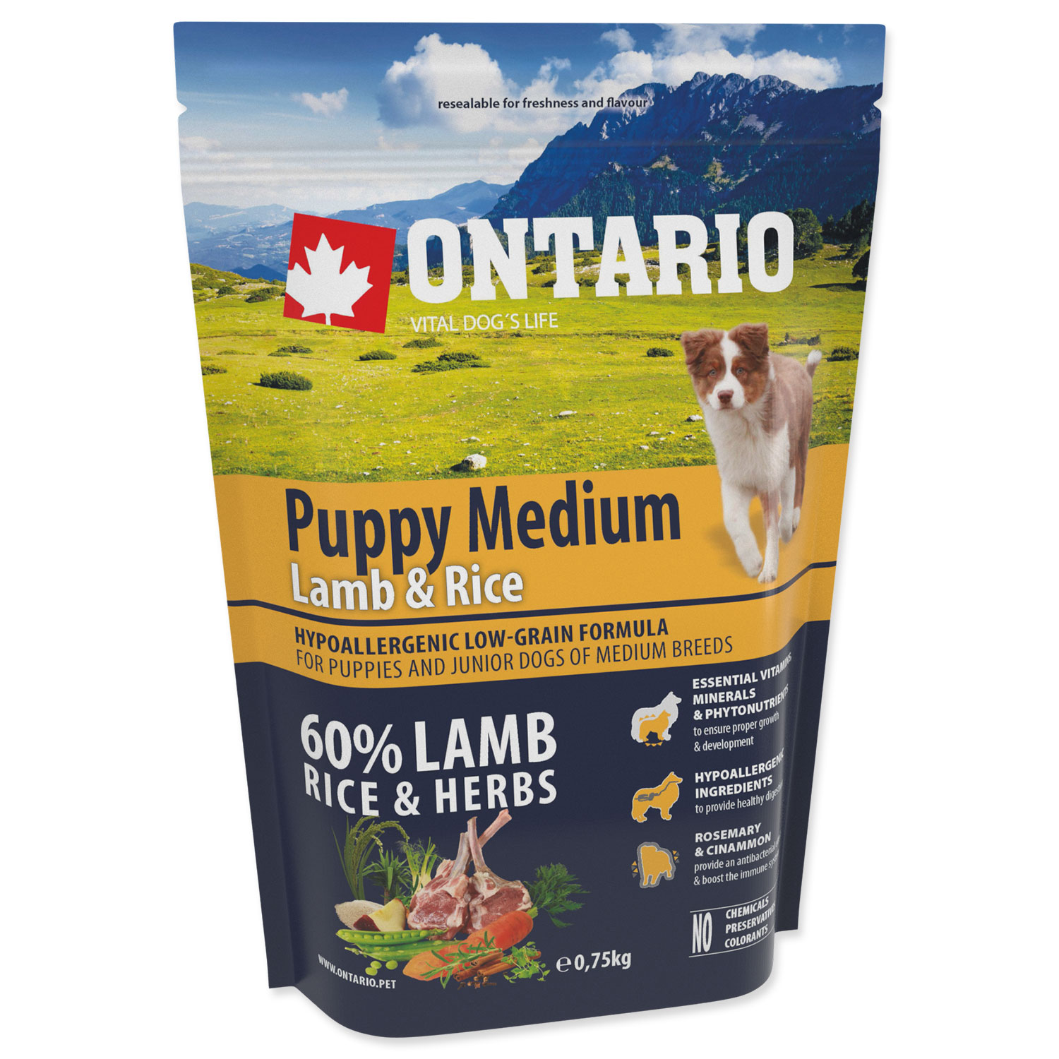 ONTARIO Puppy Medium Lamb & Rice, 0,75 kg