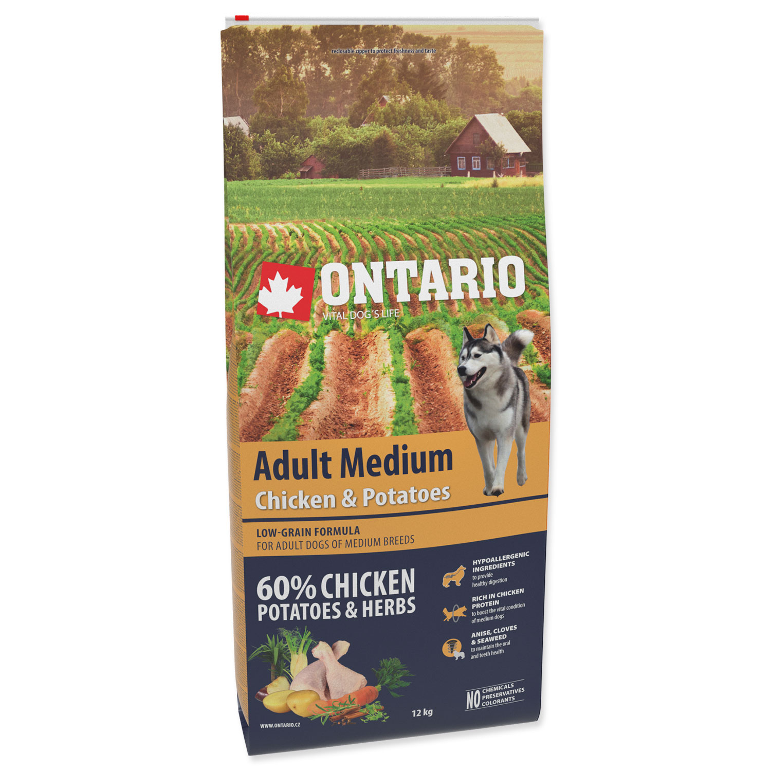 ONTARIO Dog Adult Medium Chicken & Potatoes & Herbs, 12 kg