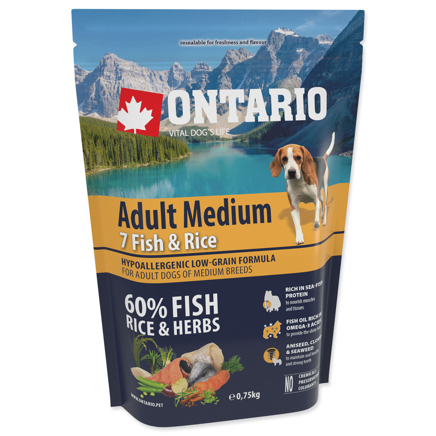 ONTARIO Dog Adult Medium Fish & Rice, 0,75 kg