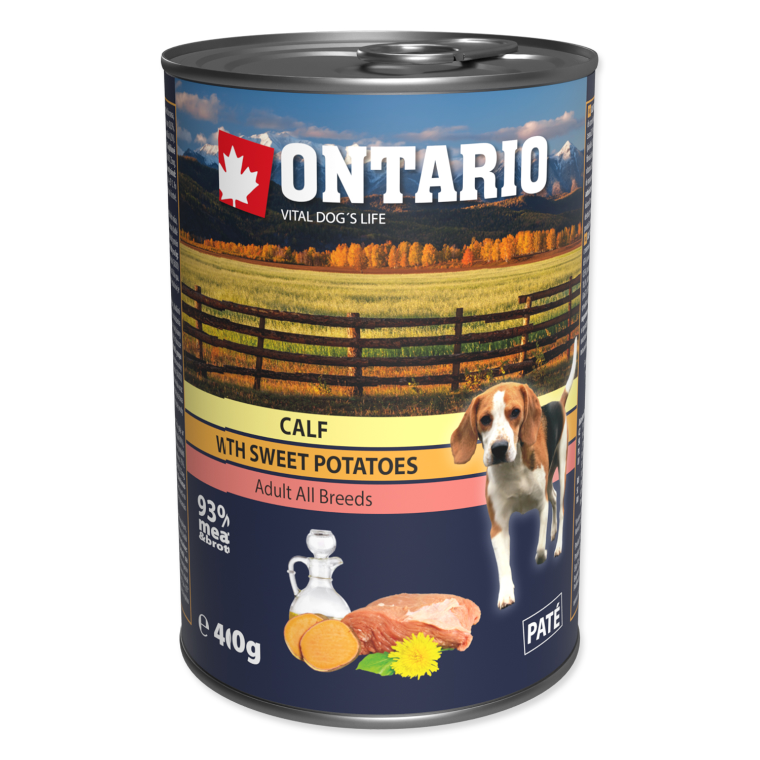 Konzerva ONTARIO Dog Mini Calf, Sweetpotato, Dandelion and Linseed Oil, 400 g