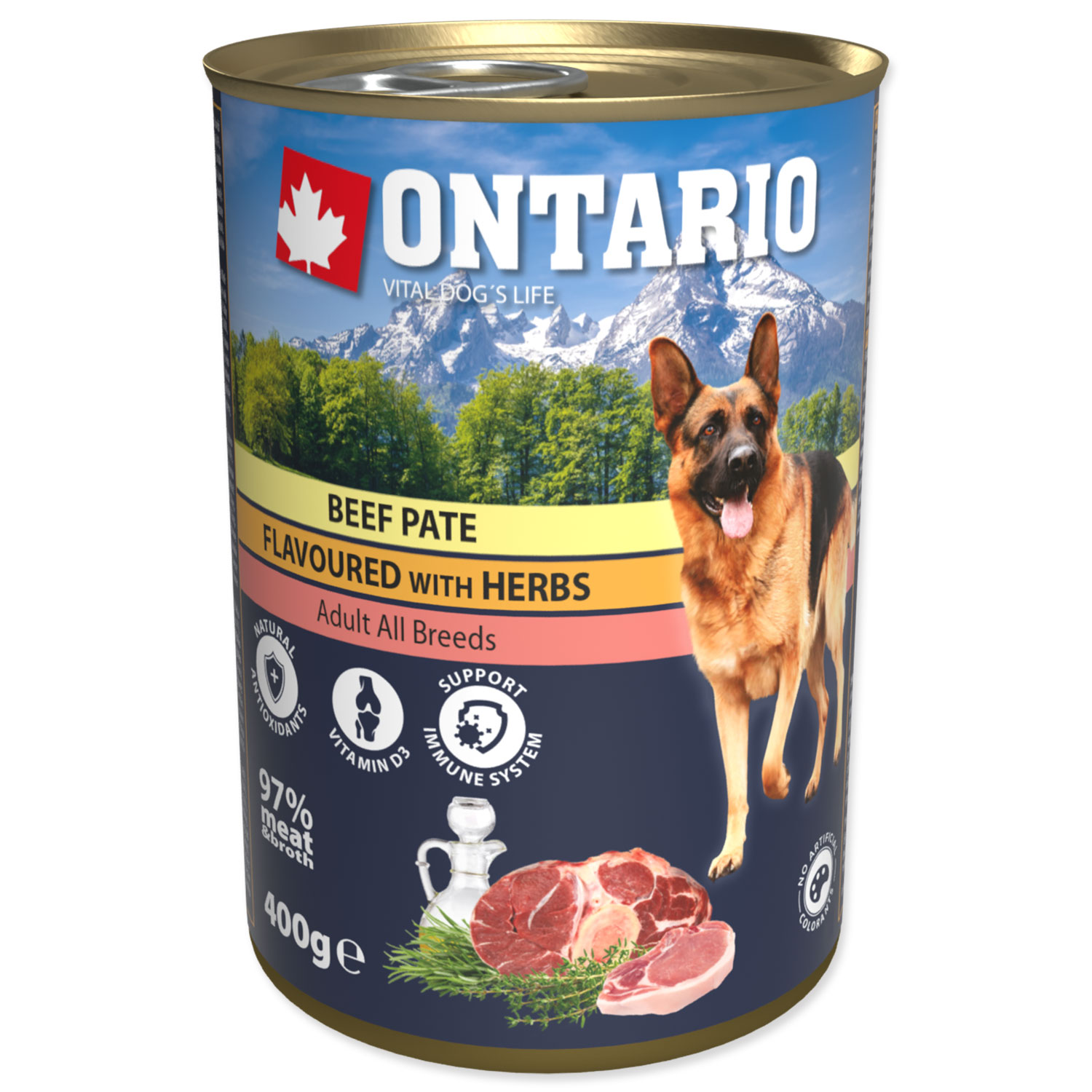 Konzerva ONTARIO Dog Beef Pate Flavoured with Herbs, 400 g