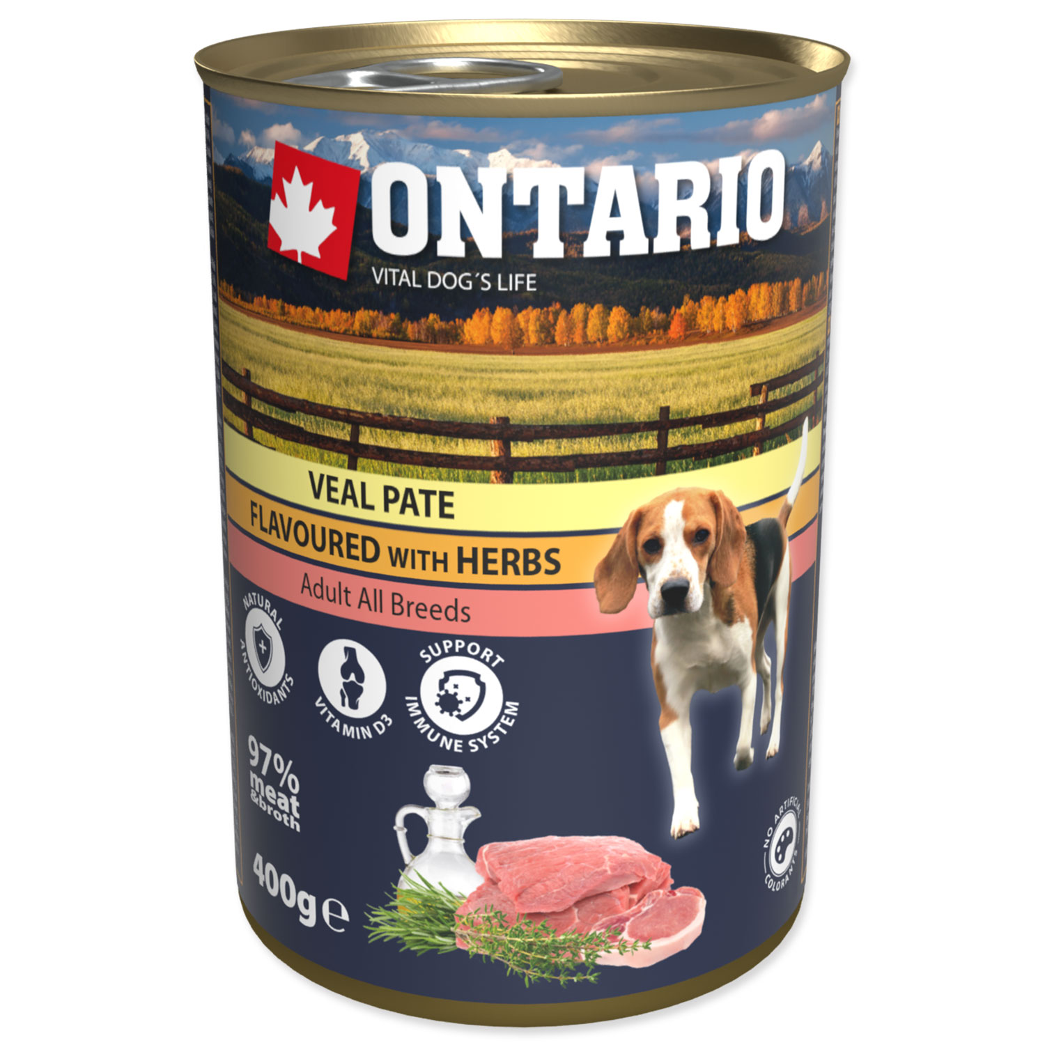 Konzerva ONTARIO Dog Veal Pate Flavoured with Herbs, 400 g