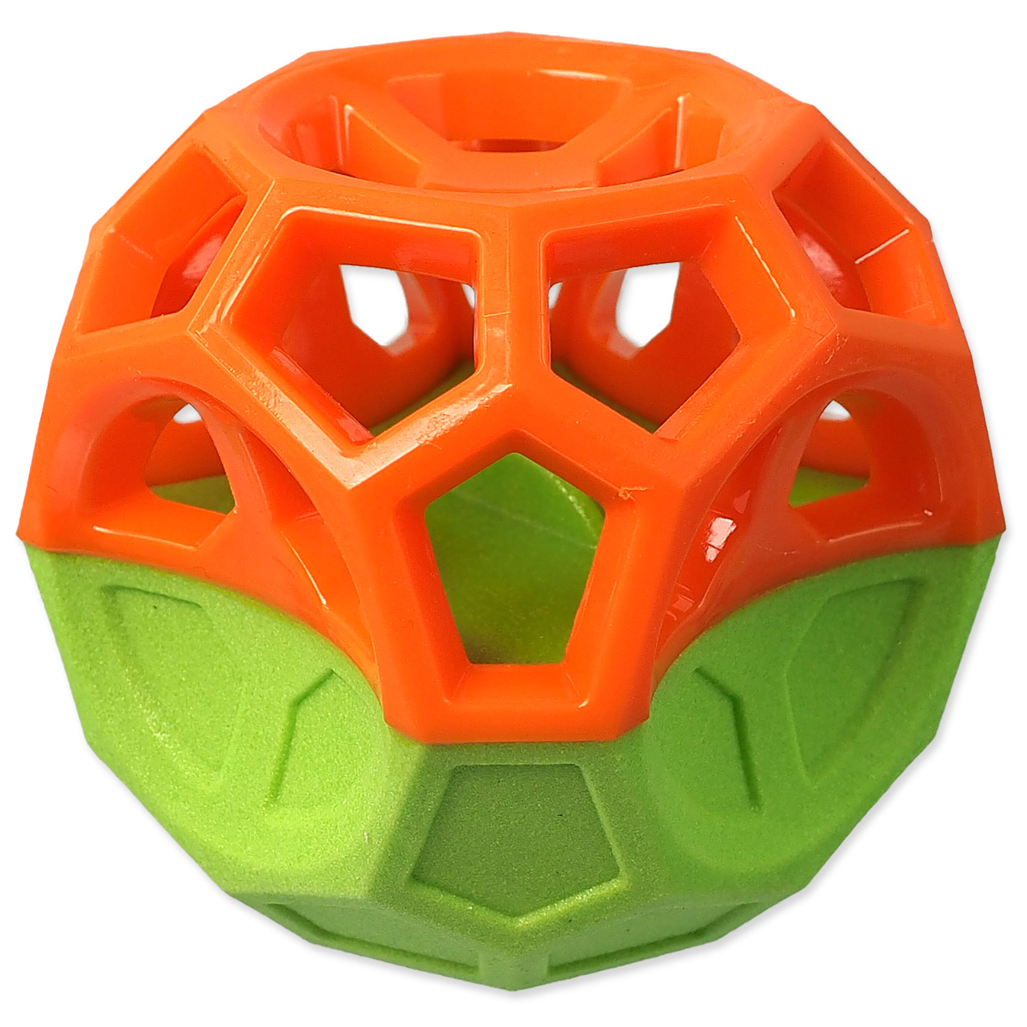 Hračka DOG FANTASY Míček s geometrickými obrazci pískací oranžovo-zelená, 8,5 cm